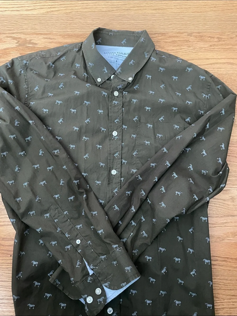 Banana Republic Olive Green Button-Down Shirt with Tiny Animal Print
